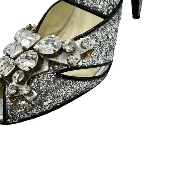 MIU MIU 2006 RUNWAY SILVER GLITTER STILETTO SANDALS w/CRYSTAL EMBELLISHMENTS